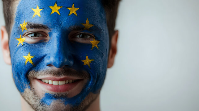 A smiling man with the design of the European flag painted on his face against a plain background embodies unity, national pride, support, and vibrant political expression.