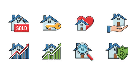 Collection of eight flat design icons representing real estate concepts, including a house with a "SOLD" sign, a house with a key, a house with a heart, a hand holding a house, a house with a rising