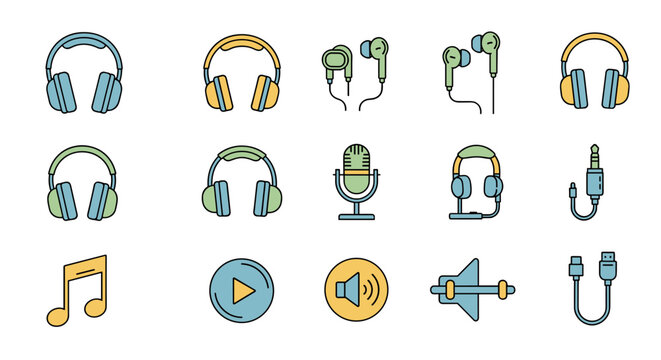 Vivid and diverse collection of flat design icons related to audio and music, featuring various types of headphones, earbuds, a microphone, musical notes, play button, volume symbol, and audio jacks