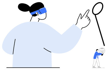 Woman wearing virtual reality headset pointing at an interactive element, symbolizing innovation, technology, future, gaming, education, creativity, exploration. Ideal for simple flat metaphor