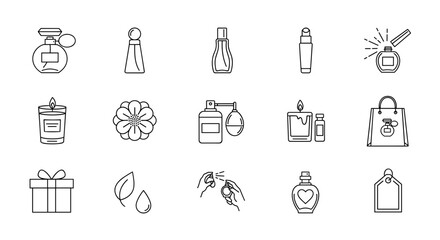 A curated collection of minimalistic linear pictograms representing various perfume and fragrance-related items, ideal for web and graphic design, app interfaces, banners, social network content, and