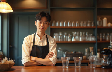 Young asian man, barista, works in cafe interior. He wears apron, stands with arms crossed. Glasses are on counter. Shelves with bottles, mugs in background.