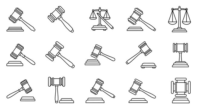 Collection of judicial gavel outline icons, featuring editable strokes, perfect for infographics, articles, books, flyers, and banners, presented as a vector cartoon illustration with a clean, modern