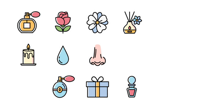 A collection of flat design icons related to perfume and scent, featuring a perfume bottle, rose, flower, diffuser, candle, water drop, nose, gift box, and essential oil bottle, perfect for web