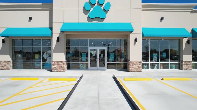 Retail storefront showcasing vibrant blue awnings and clear glass windows, with a gradual zoom in on the entrance and surrounding parking area