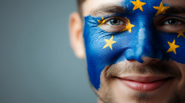 Close-up of a smiling man with face paint in blue and gold stars. The man’s face takes up a large portion of the frame against a plain background, celebrating unity.