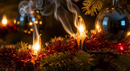 Burning light bulb with smoke on Christmas tree branch. Holiday fire safety concept. Danger of short circuit and holiday fire.
