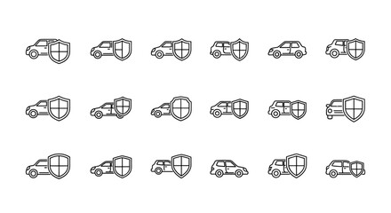 Collection of car outline icons with shield protection, symbolizing auto insurance, security, and safety. These versatile vector graphics are perfect for web design, app development, advertising, and