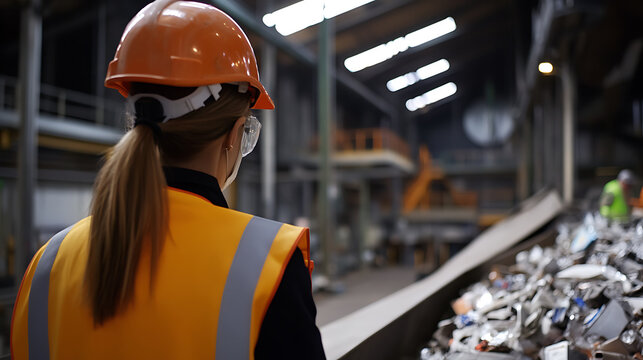 Safety-conscious worker overseeing recycling process, wearing orange hard hat and vest, safety glasses, in a bright, modern recycling facility, emphasizing industrial safety & sustainability.