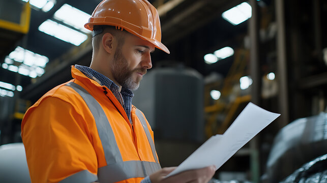 Focused construction worker reviews blueprints with a serious look in a factory setting. He is wearing a safety vest and helmet, ensuring safety protocols are followed on the work site.