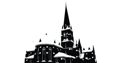 Majestic church steeple covered in winter snow, silhouetted against a bright sky.