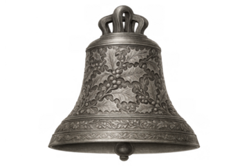 Vintage metal bell with holly relief pattern, symbol of christmas, festive season and holiday decoration, transparent background