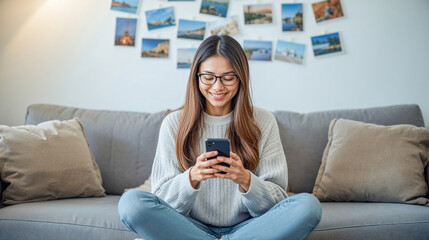 Young woman using smartphone while sitting on a couch at home