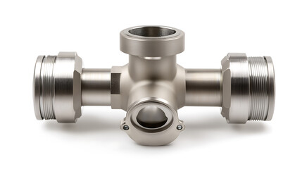 Silver metal pipe joint on a white surface, a crucial component for secure connections, crafted from durable materials for strength, ensuring optimal performance in plumbing systems.