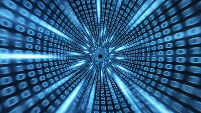 Abstract data tunnel visual with digital binary code and blue light effects for technology concepts