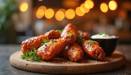 Close up photo of delicious grilled chicken wings. The crispy fried wings served on wooden plate with sauce and green plants. Tasty food served in restaurant.