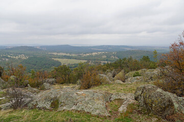 Mountain landscape panorama rocks stones trees forest Balkans autumn cloudy day nature 