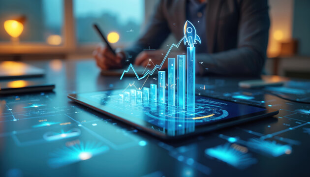 Business person works with tablet displaying growth chart data. Rocket soars above columns showcasing success. Financial analysis insights, data driven approach presented in modern tech workspace.