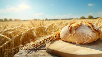 Freshly baked bread on a wooden board surrounded by golden wheat fields under a clear blue sky