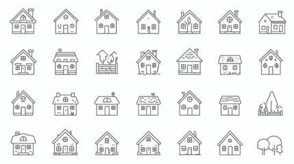 A collection of twenty-four vector illustrations showcasing stylized outlines of various houses and structures