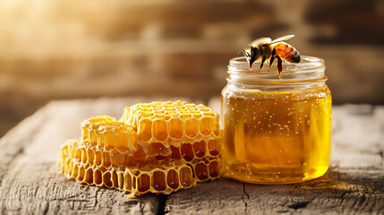 Bee collecting nectar from honey jar on rustic wooden table with honeycomb in sunlight