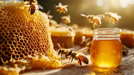 Bees gather around honeycomb and jar of honey in a sunny garden during late afternoon