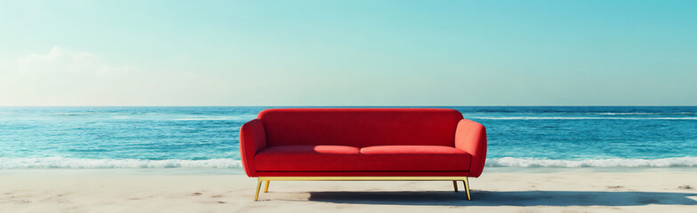 Bright red sofa on a beach with calm blue ocean and clear sky during daytime