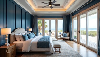 Master bedroom with ocean view features paneled blue walls, king size bed, ceiling fan, and sliding glass doors opening to beach. Coastal decor includes plush bedding and elegant lamps.