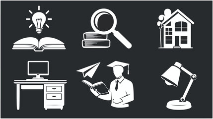 A vector illustration depicting educational themes in white on a dark background
