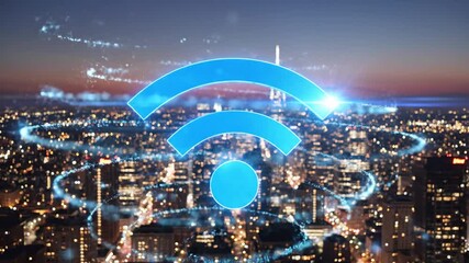 Abstract digital cityscape at night with illuminated wi fi symbol representing connectivity