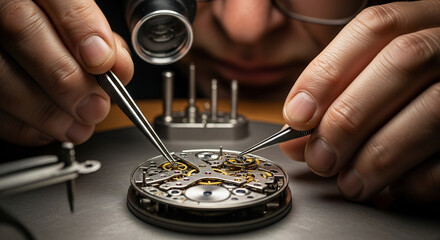 Focused watchmaker meticulously repairs a mechanical watch movement with precision tools. Ideal for craftsmanship, luxury, horology, engineering, and precision concepts.