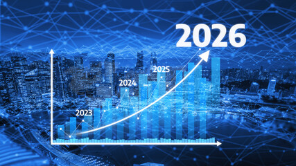 A dynamic urban landscape showcases a digital graph projecting growth from 2023 to 2026, emphasizing future development and technological trends in city planning. Tessel