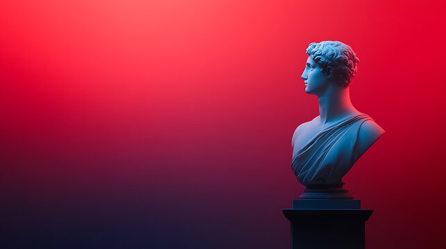 Classical Sculpture: Marble bust of a Greco-Roman figure against a vibrant, graduated red background, evoking timeless art with a modern, bold aesthetic. High contrast lighting.