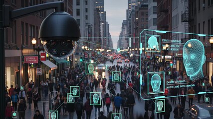 High-tech surveillance camera mounted on urban street pole performs comprehensive crowd scanning with digital facial recognition technology and real-time tracking interface - Powered by Adobe