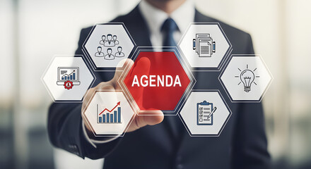 Agenda meeting appointment activity information concept. List of meeting activities in the order to be taken up, beginning with the call to order, ending with adjournment. Touching agenda on screen.