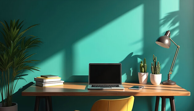 Modern home office desk with laptop, books, lamp, plants. Natural light casts shadows on teal wall. Clean, minimalist workspace set up for productivity, focus. Scene promotes calm, organized work.