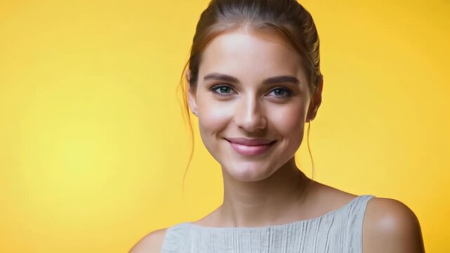 Close-up view of a smiling young Caucasian woman on a yellow background. Bright yellow background complements the young woman&rsquo;s joyful, smiling face.