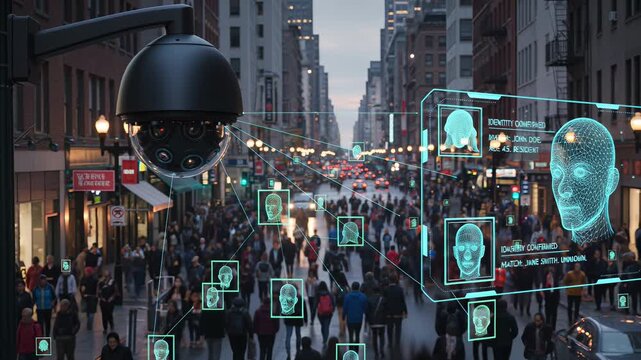 High-tech surveillance camera mounted on urban street pole performs comprehensive crowd scanning with digital facial recognition technology and real-time tracking interface - Powered by Adobe