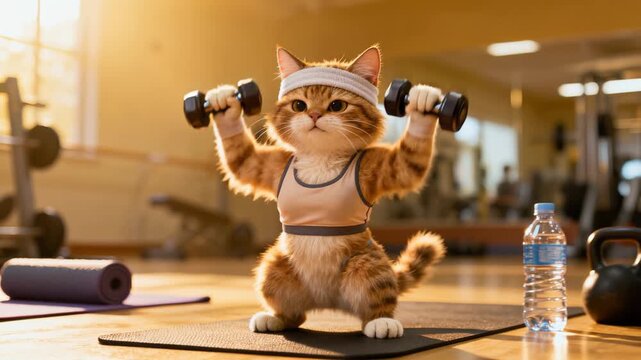Playful tabby cat dressed in athletic gear performs strength training with dumbbells on exercise mat, surrounded by gym equipment in warm, golden lighting.