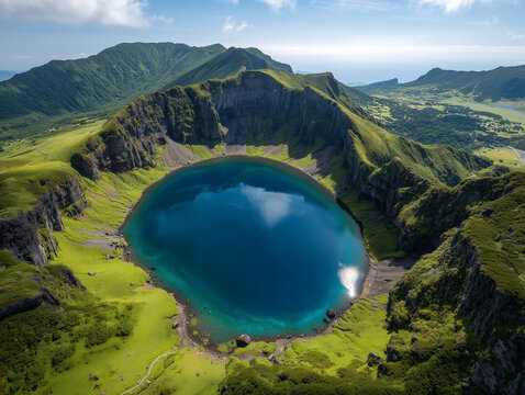 Okama crater lake reflecting blue sky in zao mountains, japan