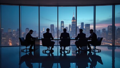 Five men in suits sit at a conference table discussing business overlooking a city skyline at dusk. One man writes notes while others look ahead. They are in a modern office.