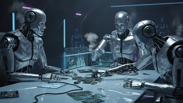 Cyborg team in a tense meeting analyzing failed electronic components. Futuristic problem-solving with holographic interfaces. Panning shot