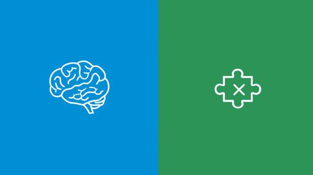 A split-screen concept with a brain icon on blue and a wrong puzzle piece on green