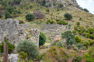 Fototapeta premium Kaunos (Carian: Kbid Lycian: Xbide Ancient Greek: Καῦνος; Latin: Caunus) ancient city was a city of ancient Caria and in Anatolia, a few kilometres west of the modern town of Dalyan. Amphitheatre area
