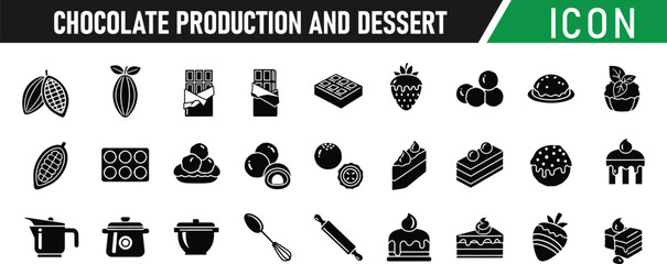 Chocolate production and dessert glyph icon set. Including Cocoa Bean, Chocolate Bar, Truffle, Candy, Cupcake, Ice Cream, Donut, Lollipop. Vector silhouette sign illustration