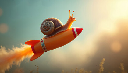 Snail rides rocket in sky. Symbol of slowness with rocket speed. Idea represents moving forward. Funny, cute, optimistic illustration with concept of journey. Determination to dream about success.