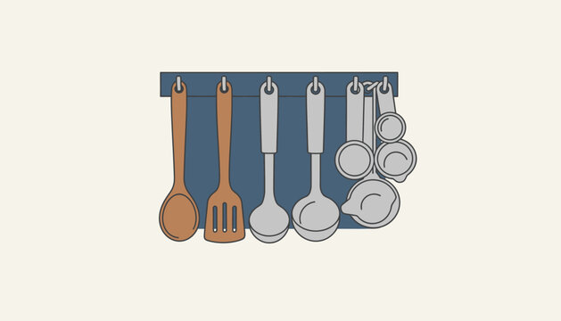 An assortment of kitchen utensils hung on the wall including wooden ss ladles and measuring cups showcasing culinary tools.