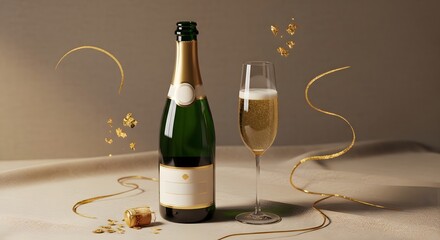 Champagne bottle and glass with gold confetti and ribbon