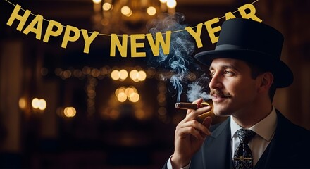 Man in vintage suit smoking cigar under happy new year banner