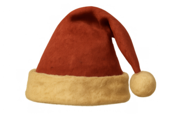 Santa claus hat with red felt and cream fur brim, featuring a pompom, symbolizing christmas and festive celebration